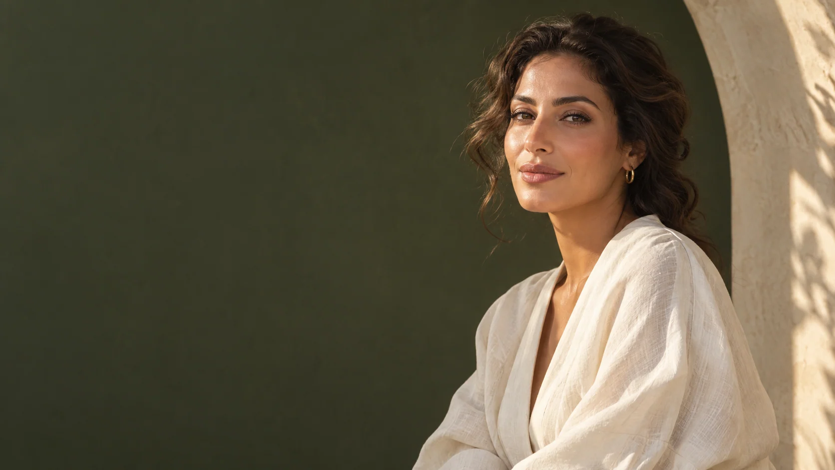 Warm sunlight on a woman in ivory linen against an olive backdrop