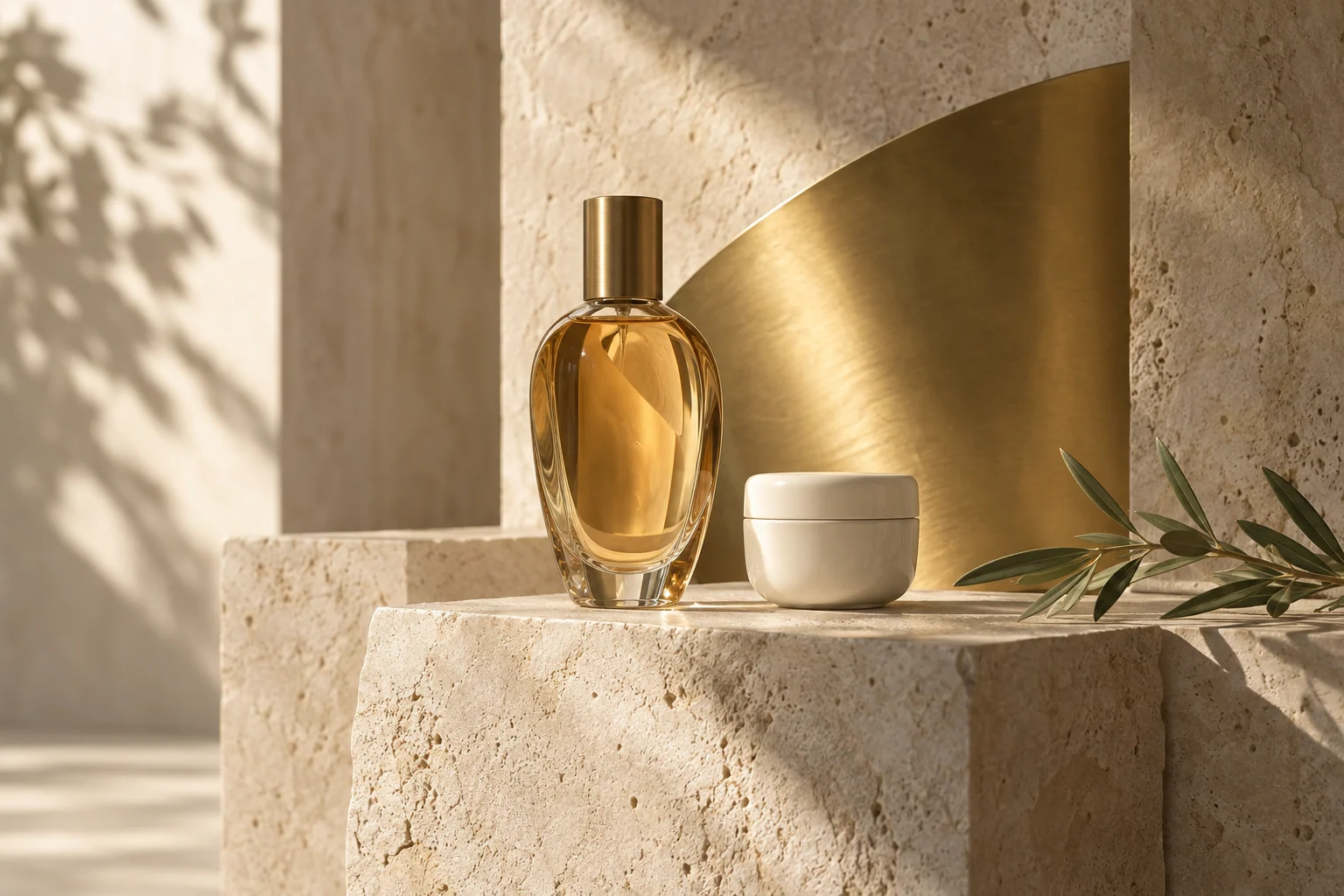 Illustrative amber perfume vessel and ivory jar with a curved brass backdrop