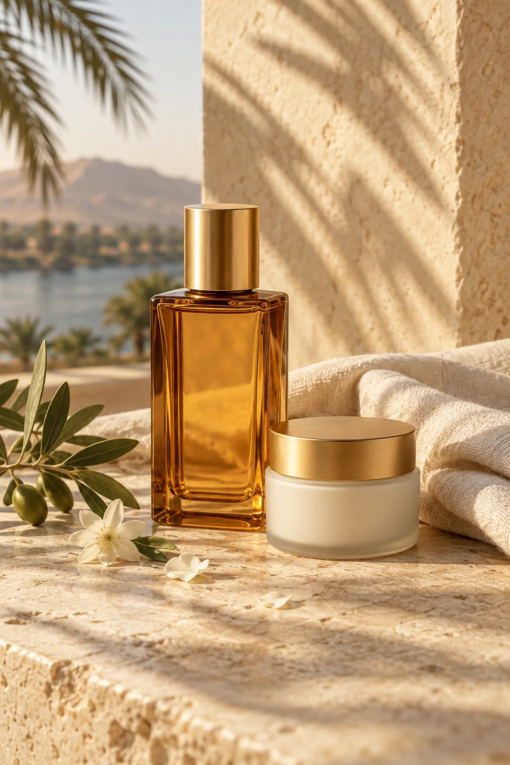 Illustrative fragrance and skincare still life